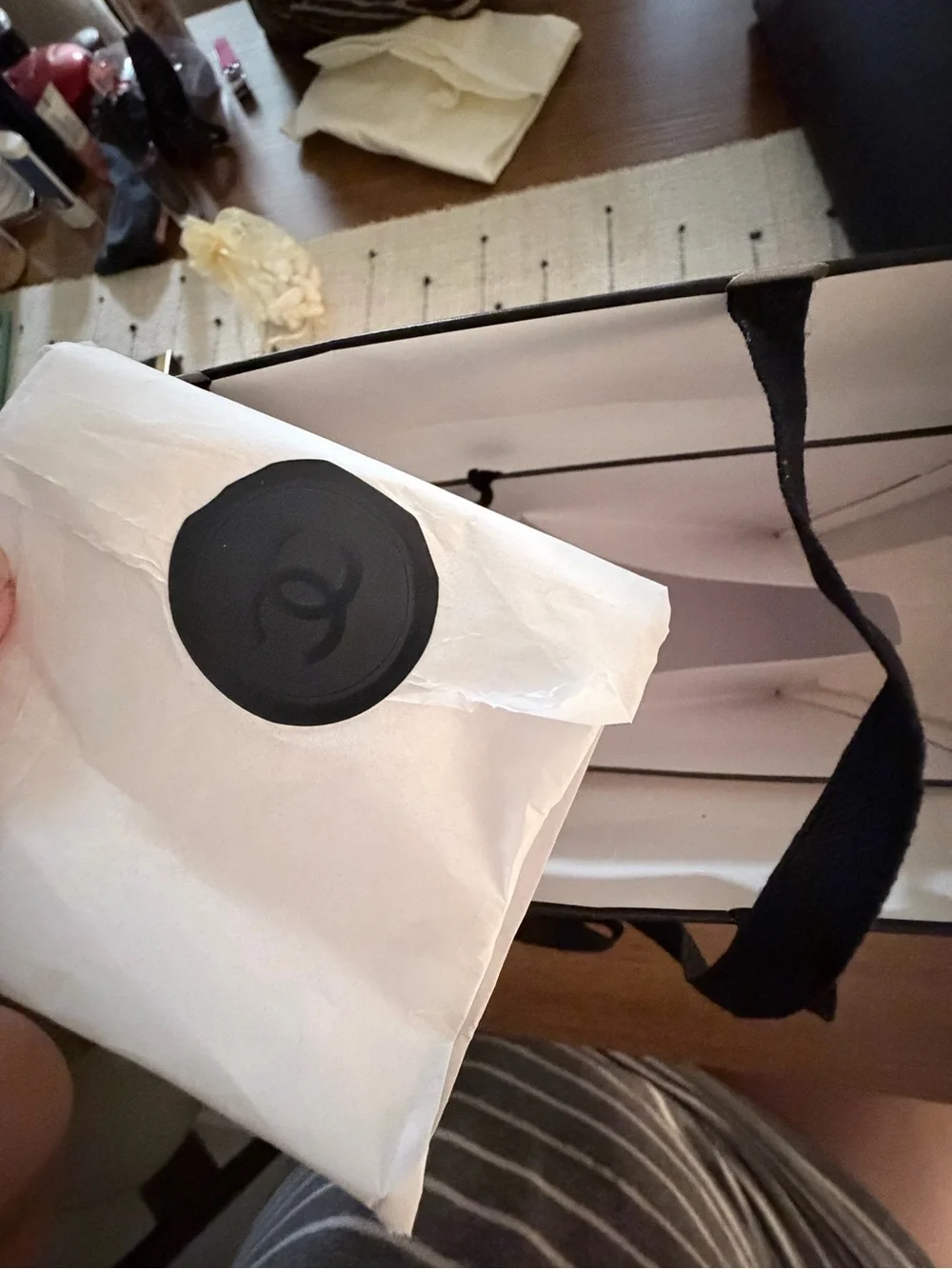 CHANEL White and Black Small Jewelry Gift Bag with Black Ribbon